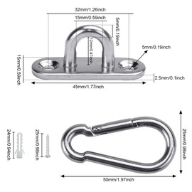 QUCUMER 12 Pcs Stainless Steel Oblong Pad Eye Plate and Carabiner Clips, Heavy Duty Oblong Pad Eye Plates Metal Staple Ring Hook Carabiner Hook with Screws for Climbing Sport and Home Use (M5)