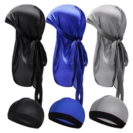 Silk Durag, 6-Pack Wave Caps Set for Men, Velvet Durag Cap with Long Tail, Soft and Breathable for 360/540/720 Waves, Black, Blue, Gray