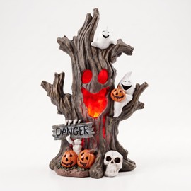 YeehaWhoo Halloween Tree Stump with LED Light, 7.48 inch Resin Spooky Tree Tabletop Ornament with Ghost, Pumpkin, Skull & Danger Sign, Halloween Indoor Home Table Mantel Decor Novelty Gift