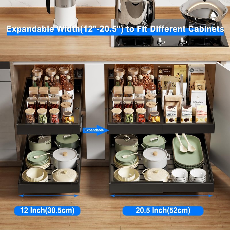 MUSTORN 2 Pack Pull Out Cabinet Organizer Expandable, 21"Deep Slide