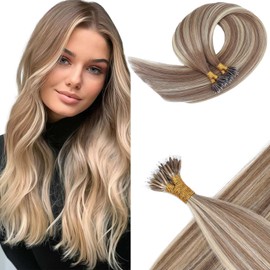 KOCONI 20 Inch Nano Ring Hair Extensions Real Human Hair Nano Beads Remy Human Hair Extensions Blonde Nano Extensions Light Brown Mixed Platinum Blonde Highlight 1g/S Nano Beads Hair 50g 9A/60
