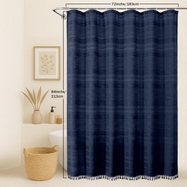 OVZME Extra Long Boho Shower Curtain 84 Inch Long, Modern Farmhouse Heavy Duty Linen Textured Soft Fabric, Rustic Country Cloth Shower Curtain with Tassel for Bathroom Hotel, 72Wx84L, Navy Blue