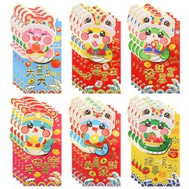 24 PCS Chinese Red Envelopes, 6 Styles Cartoon Red Envelope 2025 Year of The Snake Red Envelope Lucky Money Envelopes for Party Wedding Chinese Lunar Year, 8.8x16.8cm