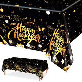 PHOGARY New Years Decorations 2025 Happy New Year Tablecloth, Happy New Year Decoration Rectangle Black Gold New Year Tablecloths, New Year Table Covers for New Years Eve Party Supplies 2025