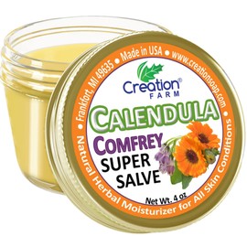 Calendula Comfrey Super Salve by Creation Farm, Herbal Balm, Moisturizer, and Ointment with No Gluten, Soy, GMO or Parabens, Made in USA Comforts many issues.