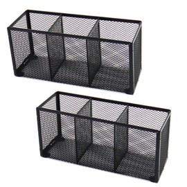 Flytreal 2PCS Black Mesh Pen Pencil Holder, Small Metal Desk Organizer Desktop Stationery Office Supplies Acessories Storage Stand, 3 Compartments Brushes Holder for Home School Classroom Teachers