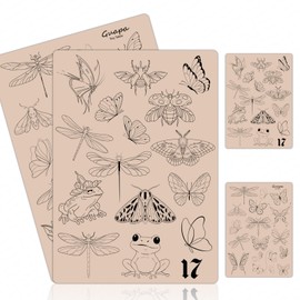 2PCS Double-Sided Tattoo Practice Skin with Pre-Printed Light Gray Stencil Designs –1.5mm Thick Silicone Pad for Fine Line & Tiny Tattoo Training (2PCS Pink Pad #17)