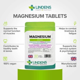 Lindens 500mg Magnesium Tablets | 90s 1-a-Day | UK Made | Tiredness, Muscle Function, Energy, Bones, Teeth, Nervous System | Letterbox Friendly | Vegan