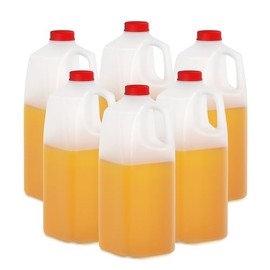 KitchenDine Plastic Milk Bottles, 64 Oz HDPE Material, Red Tamper-Evident Caps, Set of 6, Clear bottle with Red cover (6)