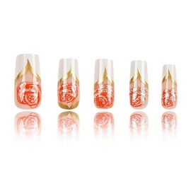 Vokupoga Long Press on Nails Square Fake Nails White French Tip False Nails with Glitter Flower Designs Long Square Glue on Nails Sparkly Artificial Nails Cute Stick on Nails for Women 24Pcs