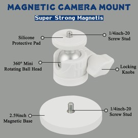 ULIBERMAGNET White Magnetic Camera Mount, Strong Magnetic Base with 360° Rotation Ball Head, Security Camera Mount with 1/4 inch Thread for GoPro,DJI OSMO Action