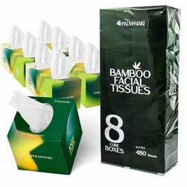 Palm Naki Bamboo Facial Tissue Cube Box – 3-Ply Soft Tissues – 60 Sheets per Box – 8 Boxes per Pack | Eco-Friendly, Tree-Free Tissues for Home, Office & Travel