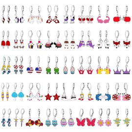 NEWITIN 40 Pairs Colorful Cute Hoop Earrings for Girls Hypoallergenic Earrings Small Cartoon Dangle Hoop Earrings Set Stainless Steel Earrings for Girls and Women