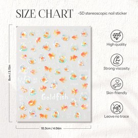 Goldfish Nail Art Stickers 5D Embossed Brightly Koi Fish Nail Decals Self-Adhesive Summer Cute Bubbles Manicure Decals Accessories for Women DIY Manicure Decoration Supplies