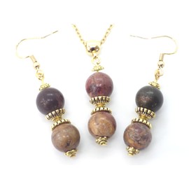 Gold-plated steel earrings and necklace set with Picasso jasper bead pendant and Tibetan beads