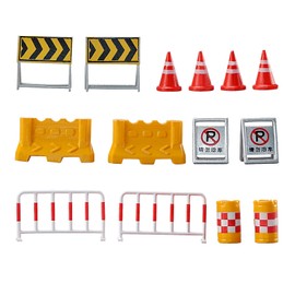 kivcmds 14pcs Miniature Construction Site Set, Including Barrier Fence, Warning Signs, Traffic Cone, Isolator, Anti-Collision Bucket, Road Work Micro Landscape Scene Decoration Roadblock