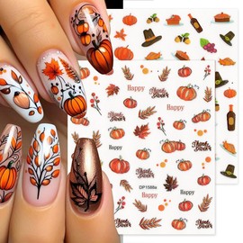 6 Sheets Fall Nail Stickers Autumn Maple Leaf Nail Art Stickers for Nail Art Cute Pine Cones Pumpkin Turkey Designs 3D Self-Adhesive Thanksgiving Nail Decals for Women DIY Acrylic Manicure Decoration