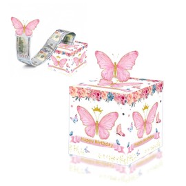 Girls Birthday Money Box for Cash Gift,Pink Butterfly Pull Surprise Money Gift Box for Girls and Women Presents,Birthday Gift Money Box Money Presentation Box for Cash Gifts