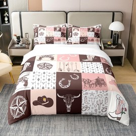 Western 100% Cotton Duvet Cover Twin, Cowgirls Bedding Set For Girls Women, American Wild West Patchwork Texas Stars Comforter Cover, Boho Arrows Horseshoe Bull Skull Gun Pink Brown Quilt Cover