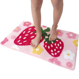 Cute Strawberry Flower Bath Mat Pink Bathroom Rugs Bathroom Accessories, Funny Non Slip Floor Bath Rug Machine Washable Bathmat Soft Microfiber Carpet for Bathtub & Shower (30x19 Inch)
