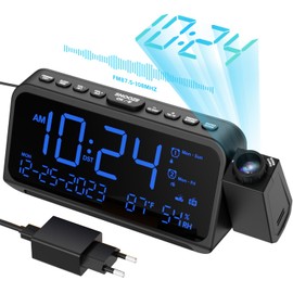 ROCAM Radio Alarm Clock with Projection, Projection Alarm Clock for Bedroom, Alarm Clock Digital, Dimmer, Type-C USB Charger, Loud Alarm Clock with Weekend/Weekday Mode, Date, Temperature, Night Light