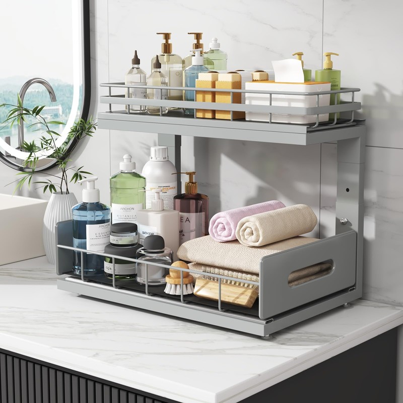Biboraya 2 Pack Under Sink Organizer Upgrade to Professional Rails,2-Tier