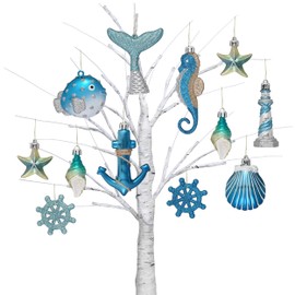 Valery Madelyn Summer Beach Ornaments for Small Tree, 12ct Shatterproof Christmas in July Decorations Seashell Starfish Ocean Coastal Nautical Marine Hanging Balls Bulk for Holiday Party Home Decor