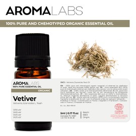 BIO - VETIVER Essential Oil - 5mL - 100% Pure, Natural, Chemotyped and AB/Cosmos Certified - AROMA LABS (French Brand)