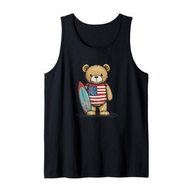 Cool Teddy Bear Catching Waves with American Surfboard Tank Top