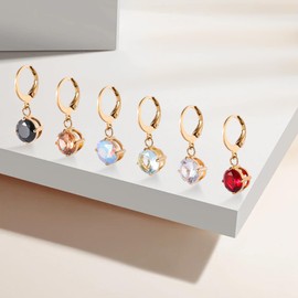 JMFENFA 6 Pairs Birthstone CZ Leverback Dangle Drop Earrings Gold Plated Surgical Stainless Steel Multicolor Round Heart Square Cubic Zirconia Drop Earrings Set (Gold round)