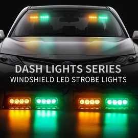 XRIDONSEN 2 in 1 Dash Emergency Strobe Lights Front/Rear Amber Green Windshield Lights Warning Safety Flashing w/Suction Cups for Volunteer Vehicles, Trucks（Amber/Green