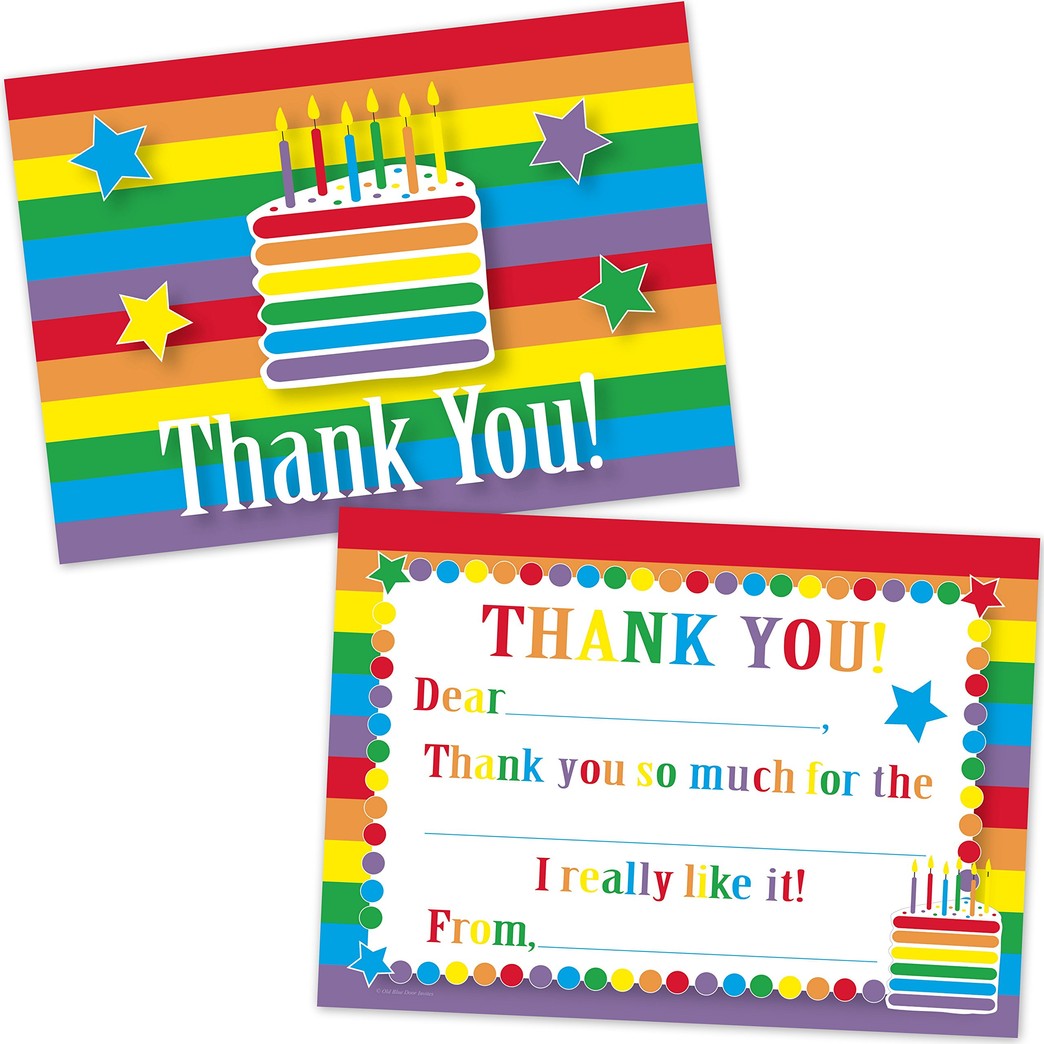 Rainbow Birthday Cake Kids Fill in Thank You Cards for Girls (20 Count with Envelopes) - Rainbow Party Supplies