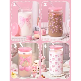 Pecfamly Cute Pink Bow Aesthetic Stuff Gifts for Teen Girls, Clear Reusable Iced Coffee Boba Tea Glass To Go Cups Tumbler with Lids and Straws, Patron Reusable Cups with Straw Bottles Empty for Drinks
