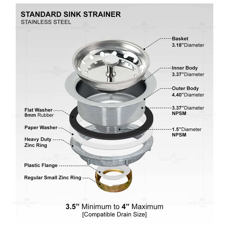 Highcraft 9733 Kitchen Sink (3-1/2'' Inch) Stainless Steel Drain Assembly