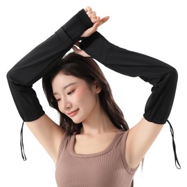 Nipinus Arm Cover, UV Protection, Women's, Cooling Touch, Arm Cover, UPF50+, Long Length, Both Arms, Finger Type, Sun Protection, Sweat Absorbent, Quick Drying, UV Protection, Sports/Driving/Bicycle (Black)