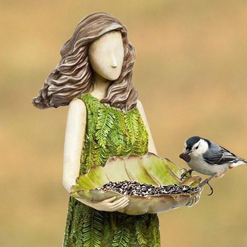 Fairy Garden Statue with Bird Feeder Lawn Resin Ornaments Garden