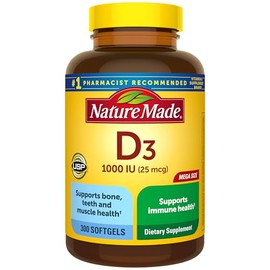 Nature Made Vitamina D3 1000 UI (25 mcg), suplemento de vitamina D para huesos, dientes, músculo e inmunidad, apoyo a la salud inmunológica, 300 cápsu