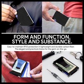 ROSSM Men's Wallet with RFID Protection - Men's Card Holder Made of Carbon Fibre and Metal with Money Clip and Elastic Band - RFID Wallet Men's Slim Wallet for Men, Black (Black Leather), Money Clip