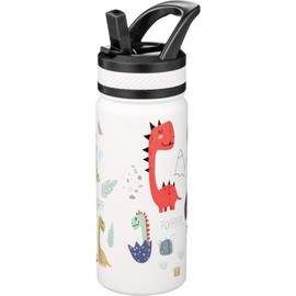 Fanhaw 18oz Insulated Water Bottle with Straw - Stainless Steel Double Wall Vacuum Cup, Leakproof, BPA Free, Suitable for Boys and Girls(White - Cute Dinosaur)