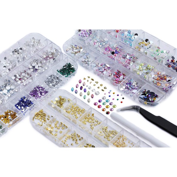 Over 3000 Pieces Flat Back Gemstones Nail Art Various Shapes Rhinestones 6 Sizes (1.5-6 mm) + Pick Up Tweezers, Pick Up Pencils for Crafts Face Jewels DIY Embellishments
