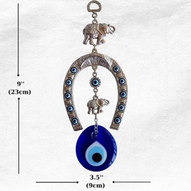Erbulus Turkish Silver Horse Shoe Blue Evil Eye Wall Hanging Ornament with Elephant - Turkish Nazar Bead Amulet – Home Protection and Good Luck Charm (Medium)