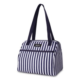 PackIt® Freezable Hampton Lunch Bag, Seaside Stripe, Built with ECOFREEZE® Technology, Collapsible, Reusable, Zip Closure with Front Pocket and Shoulder Straps, Designed for Fresh Office Lunches