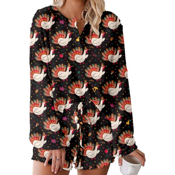 Women's Ruffle Long Sleeve Henley Tops and Shorts Funny Thanksgiving