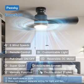 Passky Ceiling Fans with Lights, 42 inch Low Profile Ceiling Fan with Pull Chain and Remote Control, Flush Mount, Reversible, 5CCT, Dimmable, Noiseless, Black Pull Cord Ceiling Fan for Bedroom
