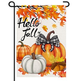 Hello Fall Pumpkin Garden Flags for Outside 12x18 Inch Double Sided Burlap, Autumn Maple Leaf Sign Thanksgiving Small Flag Farmhouse Holiday Yard Lawn Outdoor Decorations DF795