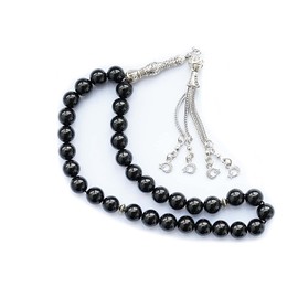 10mm Tasbih Prayer Beads Natural Black Agate Stone Islamic Misbaha Prayer Rosary Beads Muslim Islam Misbaha Bracelet Moon Tasbeeh Sibha 33 Prayer Beads Hand Bracelets