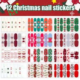 WOKOTO 12 Sheets Christmas Nail Polish Strips Nail Stickers Full Nail Wraps Santa Claus Elk Snow Man Christmas Tree Christmas Gel Nail Strips Finger Nail Polish Wraps Self Adhesive Stickers Decals