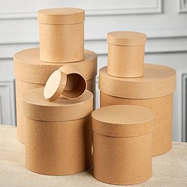 Factory Direct Craft Set of 7 Paper Mache Round Boxes - Papier Mache Cardboard Box Nested Set (3", 4", 5", 6", 7", 8" and 9" Dia) Premade Gift Boxes with Lids for DIY Painting and Decoupage