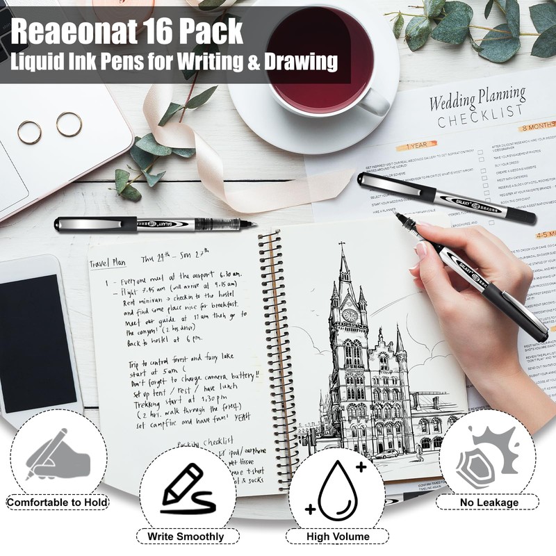 Rollerball Pens Black Ink, 16 Pack 0.5mm Black Gel Pens,