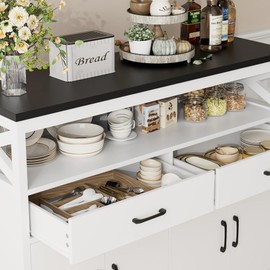 HOSTACK 47" Modern Farmhouse Sideboard Buffet Cabinet, Wood Buffet Storage Cabinet with Drawers & Shelves, Large Coffee Bar with Storage, Microwave Stand for Kitchen, Living Room, White Black